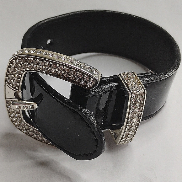 Brighton Buckle Bracelet With Rhinestones Silver Tone Patent Leather - Picture 1 of 6